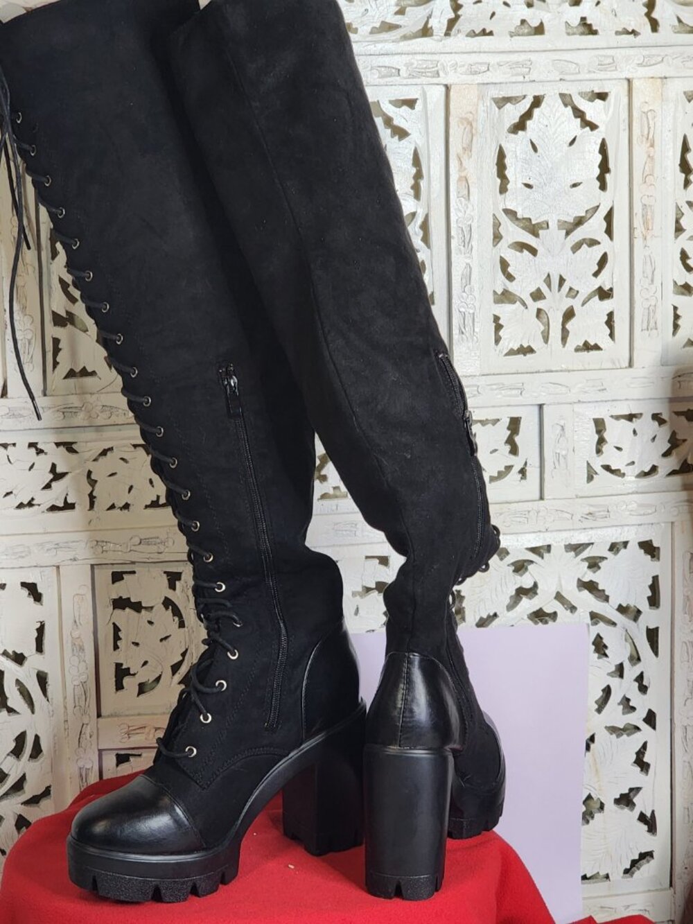 Fashion Nova Los Angeles Black Blogger Suede Over The Knee Lace Up Boots Sz 8.5M - Picture 9 of 16
